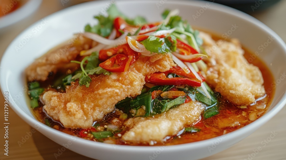 Crispy fried catfish topped with hot chili sauce, fresh vegetables, and accompanied by beef broth and fried onions for an appetizing feast. Crispy fried catfish topped with hot chili sauce, fresh vegetables, and accompanied by beef broth and fried onions for an appetizing feast.