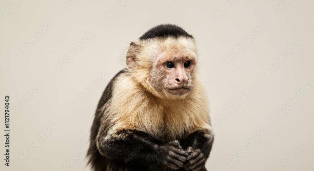 Curious capuchin monkey against neutral background for educational wildlife design Curious capuchin monkey against neutral background for educational wildlife design