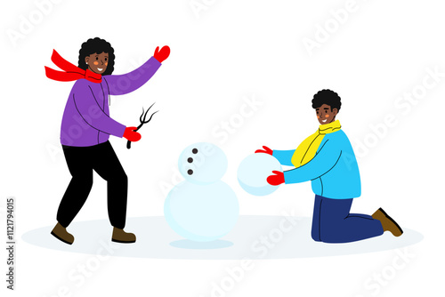 Black young man and woman making a snowman. Winter vector illustration on white background
