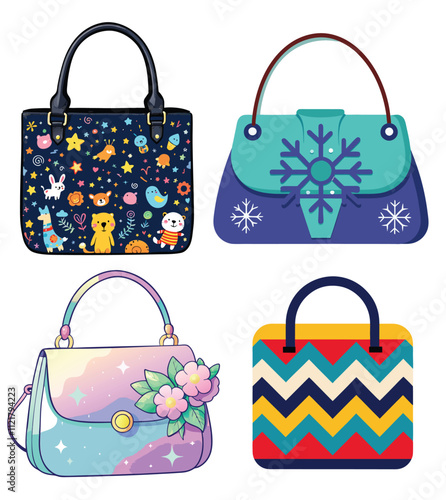 Four colorful handbags with different patterns