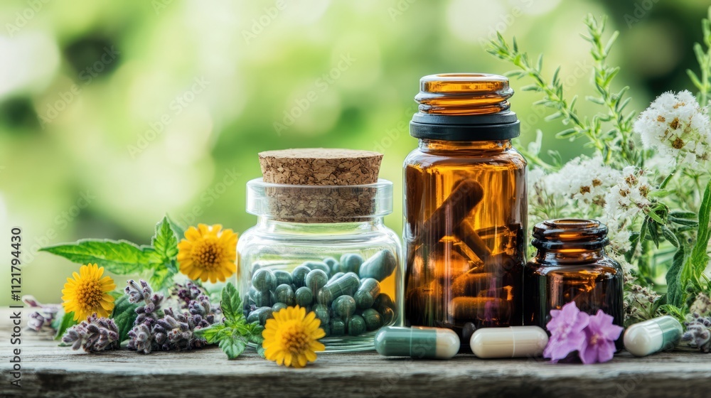 Natural herbal supplements in glass bottles with flowers and leaves on wooden surface in a soft-focus background of greenery. Natural herbal supplements in glass bottles with flowers and leaves on wooden surface in a soft-focus background of greenery.