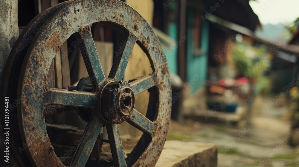 Rustic pulley wheel resting against a weathered wall in a traditional Indonesian village showcasing cultural heritage and craftsmanship. Rustic pulley wheel resting against a weathered wall in a traditional Indonesian village showcasing cultural heritage and craftsmanship.