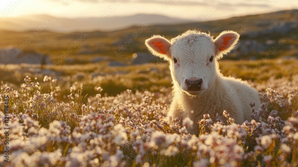 Swedish Mountain Calf in Flowering Meadow during Sunset in Dalarna Region of Sweden Swedish Mountain Calf in Flowering Meadow during Sunset in Dalarna Region of Sweden