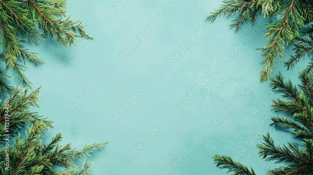 Obraz premium Stylish Christmas frame with green fir branches on light blue background perfect for season's greetings cards and holiday message space