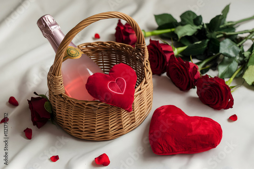 Romantic wicker basket with pink bottle, heart plush, and roses creates celebratory ambiance photo