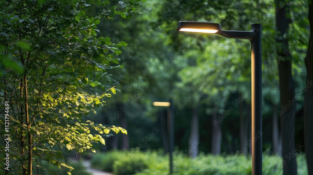 Modern energy efficient streetlight in a park surrounded by lush green trees creating a serene nighttime atmosphere. Modern energy efficient streetlight in a park surrounded by lush green trees creating a serene nighttime atmosphere.