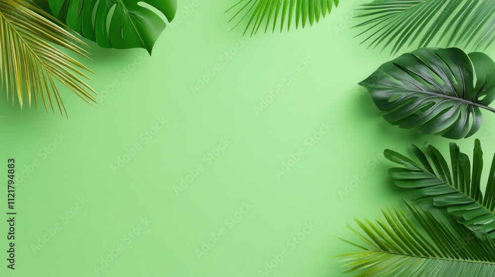 Fototapeta premium Lush green leaves on a vibrant background for design purposes.