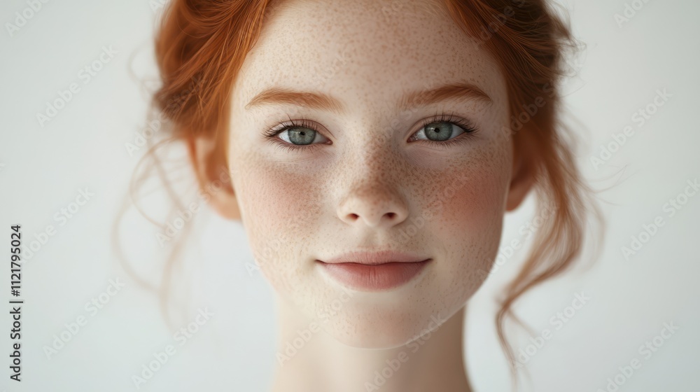 Smiling redheaded teenage girl with freckles portrait on a neutral background showcasing natural beauty and youthful charm Smiling redheaded teenage girl with freckles portrait on a neutral background showcasing natural beauty and youthful charm