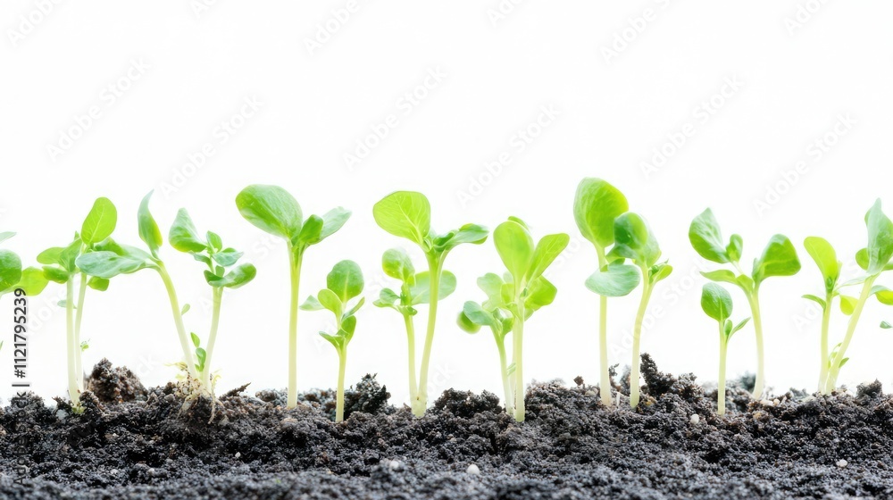 Snow Pea Sprouts Growing from Dark Soil with Bright White Background for Fresh Food and Gardening Concepts Snow Pea Sprouts Growing from Dark Soil with Bright White Background for Fresh Food and Gardening Concepts