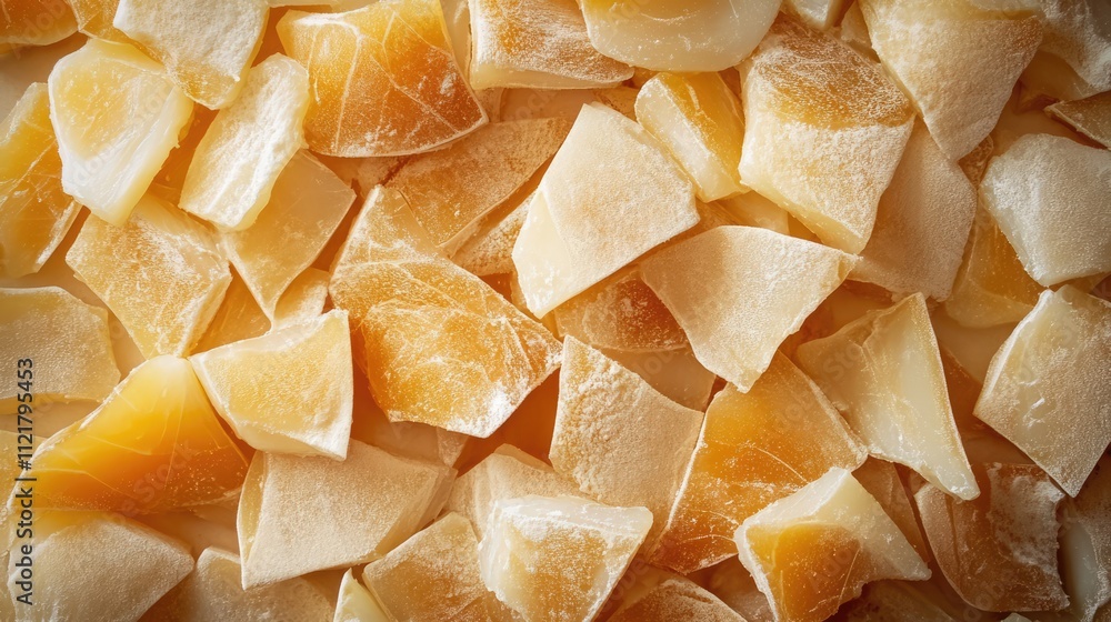 Top view of a full frame background showcasing a heap of salted cod fillet slices arranged on a kitchen counter surface Top view of a full frame background showcasing a heap of salted cod fillet slices arranged on a kitchen counter surface