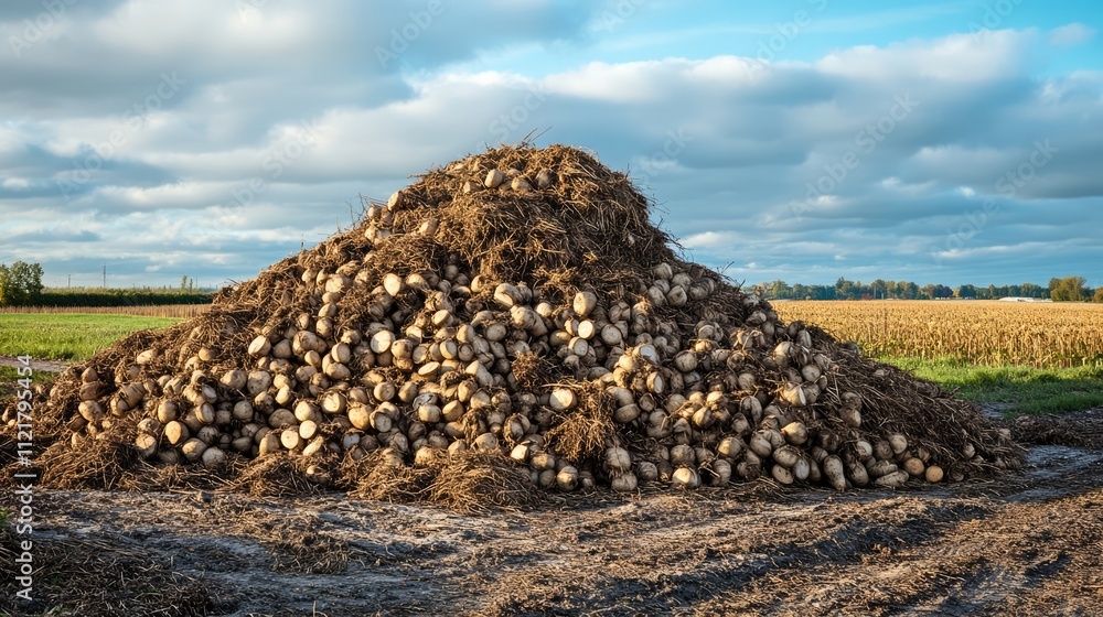 Sugar Beet Harvest Pile on Farm Field Under Blue Sky with Cloudy Background Sugar Beet Harvest Pile on Farm Field Under Blue Sky with Cloudy Background