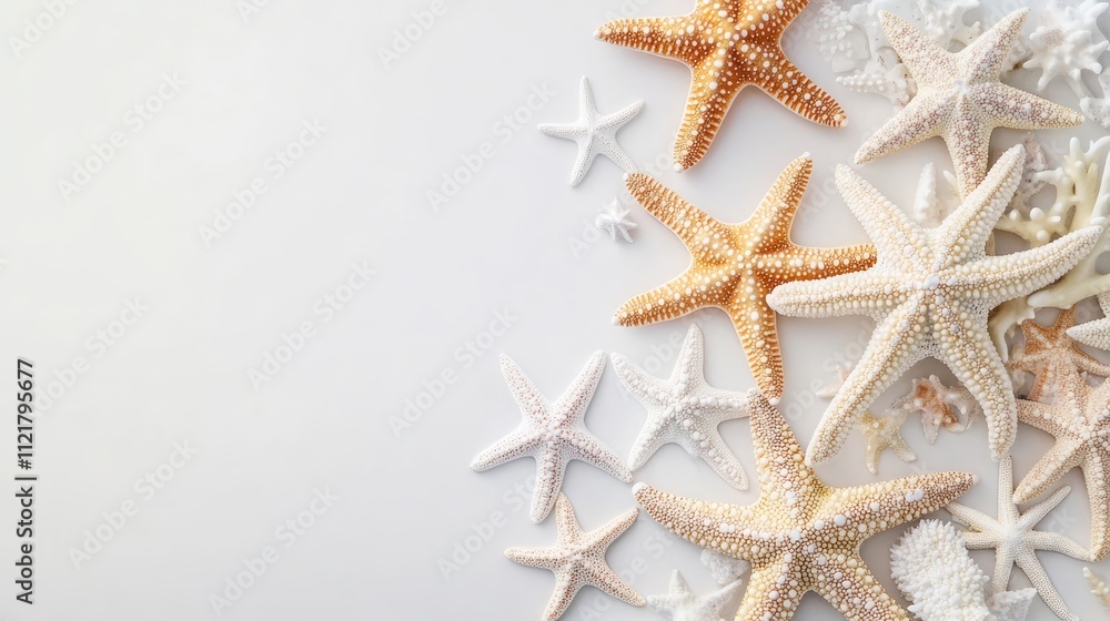 Colorful starfish collection displayed on a clean white background showcasing ocean life and marine decor themes Colorful starfish collection displayed on a clean white background showcasing ocean life and marine decor themes
