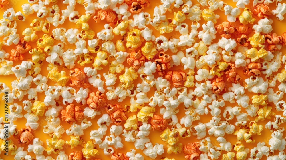 Popcorn scattered across a vibrant yellow background representing the joy of entertainment and delicious snack indulgence Popcorn scattered across a vibrant yellow background representing the joy of entertainment and delicious snack indulgence