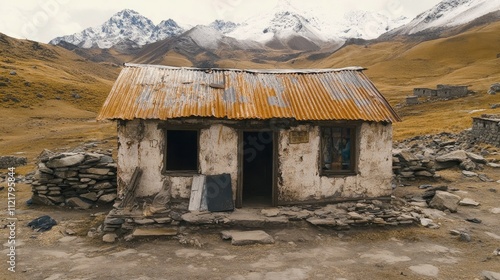 Traditional weathered mountain cabin with a rusty metal roof nestled in a quaint village showcasing rustic architectural charm.