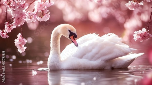 Graceful swan swimming in serene lake surrounded by blooming cherry blossoms in vibrant spring setting photo