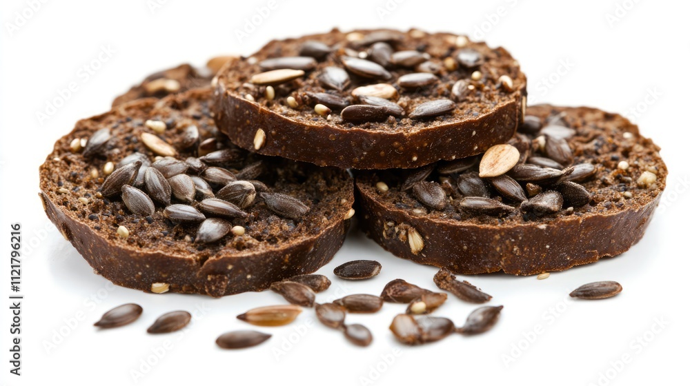 Rye bread slices topped with seeds arranged artistically on a white background showcasing healthy culinary options and bread diversity Rye bread slices topped with seeds arranged artistically on a white background showcasing healthy culinary options and bread diversity