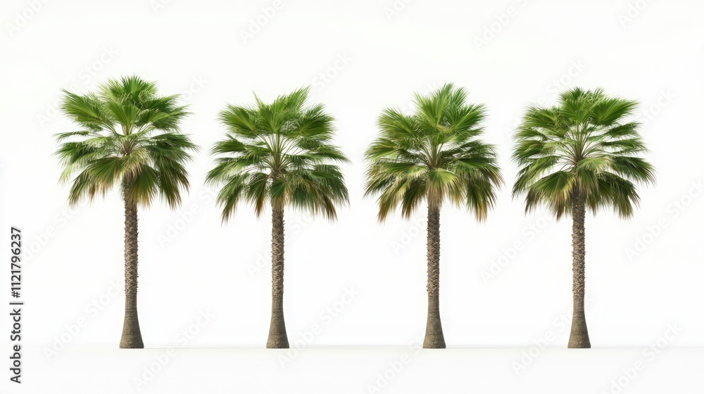 Fototapeta premium Sugar palm trees arranged in a row isolated on a white background showcasing their lush green foliage and sturdy trunks