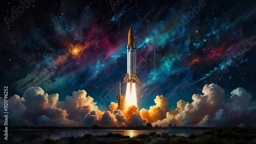 Here are a few options for your stock photo description, all under 200 characters:

**Option 1 (Focus on visuals):**

> Dramatic AI-generated artwork of a rocket launching into a v photo