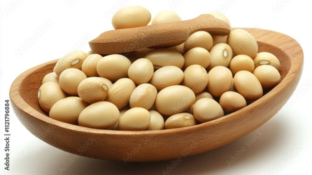Soybeans arranged in a rustic wooden bowl with a spoon on a white background showcasing healthy organic food and culinary uses. Soybeans arranged in a rustic wooden bowl with a spoon on a white background showcasing healthy organic food and culinary uses.