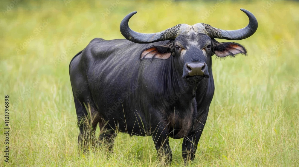 Water buffalo in a grassy field showcasing strong features and distinct horns representing agricultural heritage and rural lifestyle. Water buffalo in a grassy field showcasing strong features and distinct horns representing agricultural heritage and rural lifestyle.