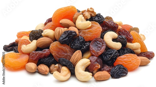 A neat pile of dried apricots, raisins, and cashews, isolated on a white background.