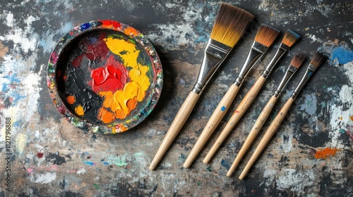 Painting tools arrangement with brushes and color palette on a textured surface for home improvement and artistic projects photo