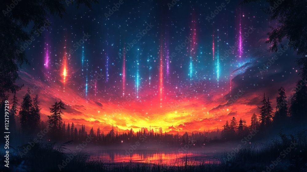 A vibrant sunset with colorful stars over a tranquil lake A vibrant sunset with colorful stars over a tranquil lake