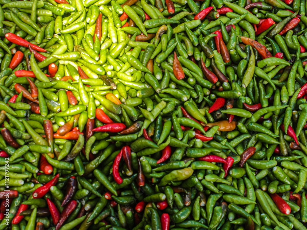 pile of cayenne pepper in the traditional market. cayenne pepper is used as a cooking ingredient and also a spice that gives a spicy sensation to food pile of cayenne pepper in the traditional market. cayenne pepper is used as a cooking ingredient and also a spice that gives a spicy sensation to food