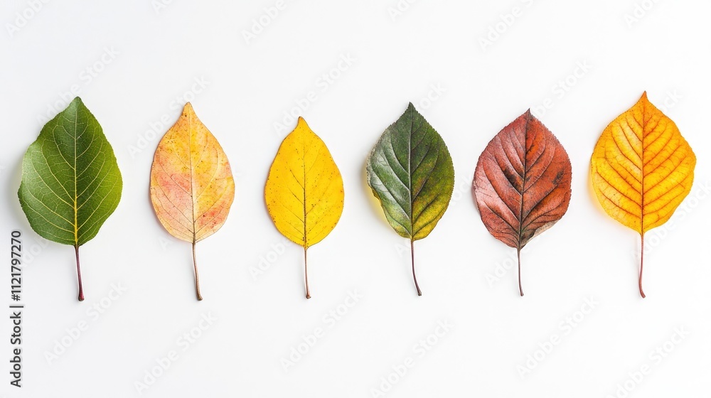Colorful autumn leaves arranged in a line on a white background showcasing seasonal changes and nature's beauty Colorful autumn leaves arranged in a line on a white background showcasing seasonal changes and nature's beauty