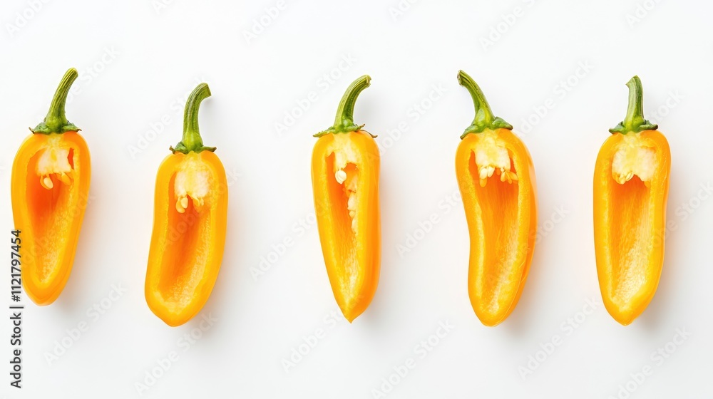 Fresh yellow sweet peppers whole and sliced arranged on a white background for culinary and food presentation purposes Fresh yellow sweet peppers whole and sliced arranged on a white background for culinary and food presentation purposes