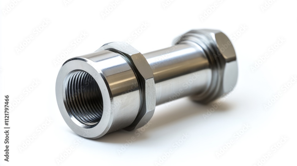 Steel gas tube adapter with threaded ends on a white background for industrial and plumbing applications Steel gas tube adapter with threaded ends on a white background for industrial and plumbing applications