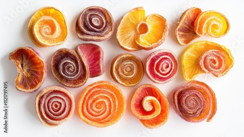 Colorful flat lay of dried quince slices and vibrant spiral candy swirls showcasing eco-friendly food aesthetics and sweet treats arrangement