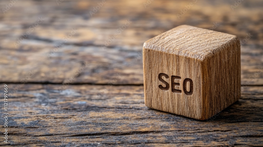 Wooden cube displaying SEO letters symbolizing search engine optimization on rustic wooden surface Wooden cube displaying SEO letters symbolizing search engine optimization on rustic wooden surface