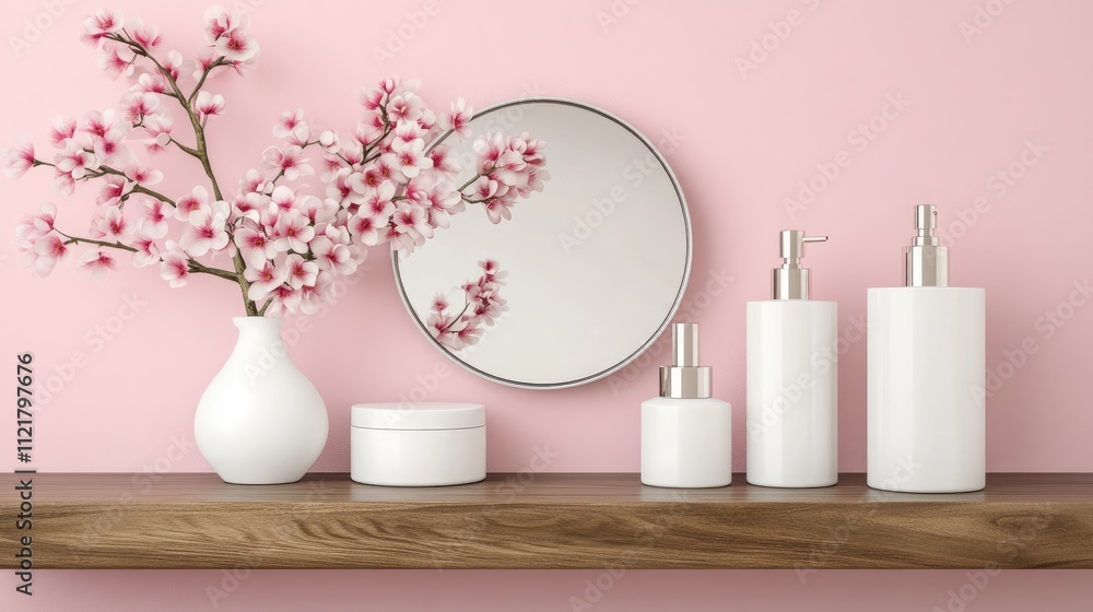 Soft pink bathroom decor with cosmetic bottles and flowers on a shelf against a pink wall for aesthetic advertising design mockup Soft pink bathroom decor with cosmetic bottles and flowers on a shelf against a pink wall for aesthetic advertising design mockup