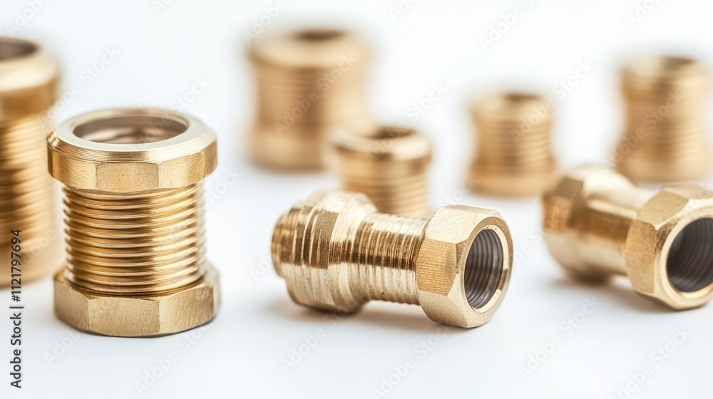 Brass pipe couplings and threaded plumbing components arranged on a white background showcasing intricate detail and craftsmanship in plumbing accessories Brass pipe couplings and threaded plumbing components arranged on a white background showcasing intricate detail and craftsmanship in plumbing accessories
