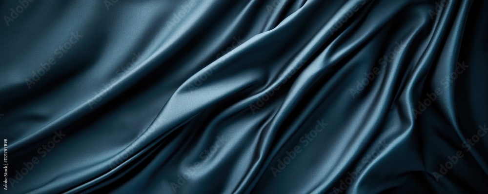 Fototapeta premium A close-up view of luxurious blue satin fabric, showcasing its smooth texture and soft drapery.