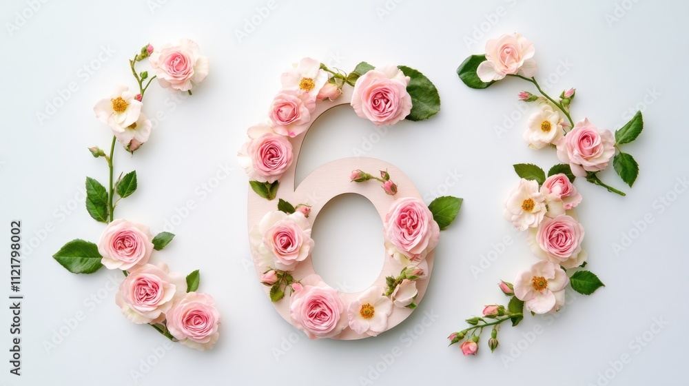 Pink roses arranged in the shape of the number six on a white background, creating an elegant floral design for celebrations. Pink roses arranged in the shape of the number six on a white background, creating an elegant floral design for celebrations.