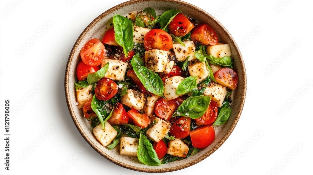 Vibrant caprese salad with fresh mozzarella, tomatoes, and basil presented in a rustic bowl on a clean white background Vibrant caprese salad with fresh mozzarella, tomatoes, and basil presented in a rustic bowl on a clean white background