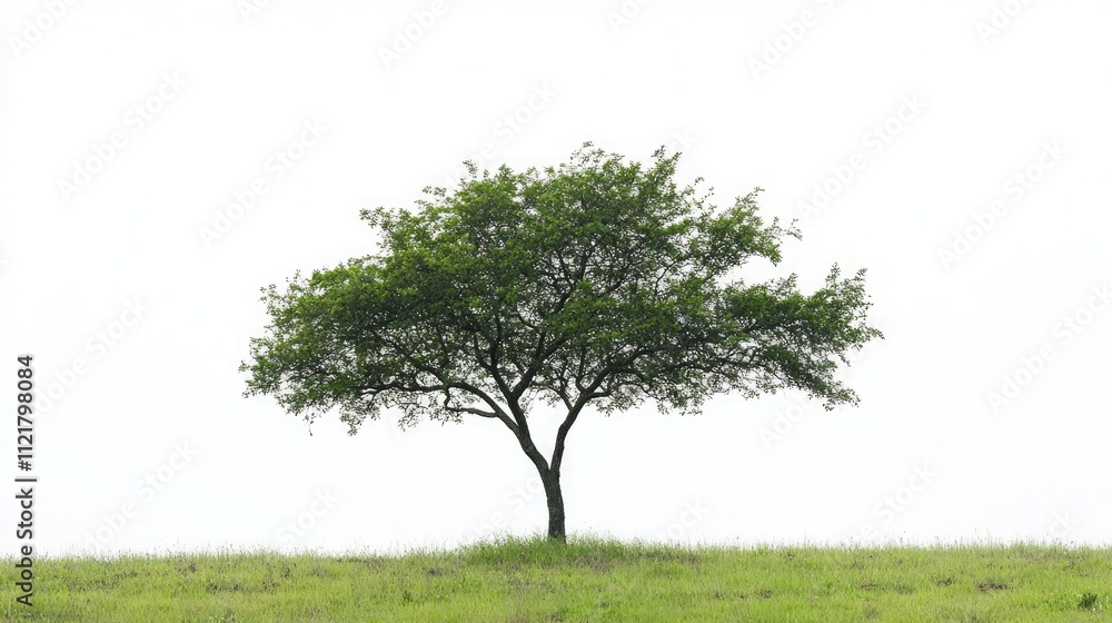 Silhouette of a solitary tree on a vast green field under a bright white sky showcasing nature's tranquility and simplicity Silhouette of a solitary tree on a vast green field under a bright white sky showcasing nature's tranquility and simplicity