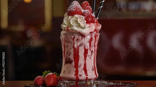 Delicious strawberry milkshake topped with whipped cream and fresh strawberries in a glass jar on a rustic wooden table photo