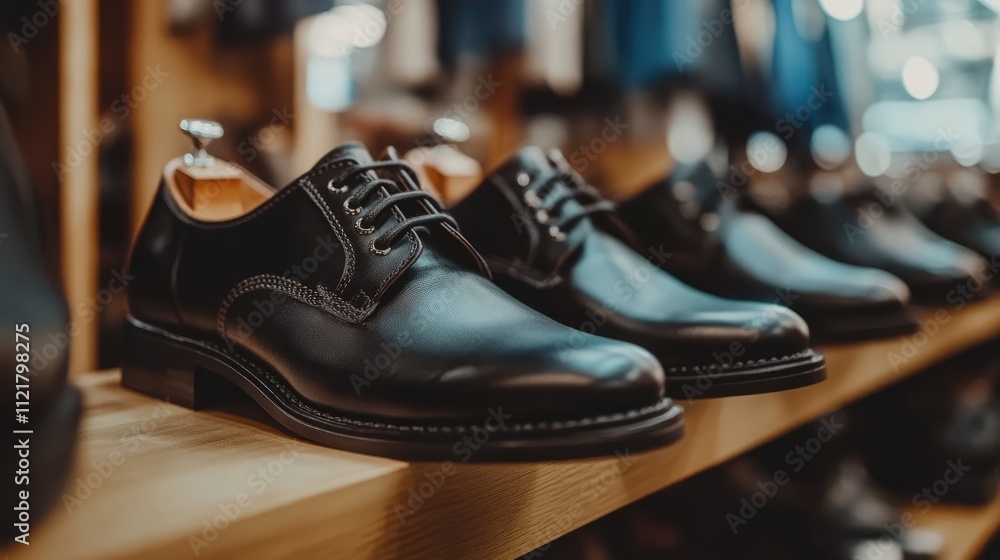 Stylish black leather dress shoes neatly displayed on a wooden shelf in a men's fashion store showcasing modern footwear elegance Stylish black leather dress shoes neatly displayed on a wooden shelf in a men's fashion store showcasing modern footwear elegance
