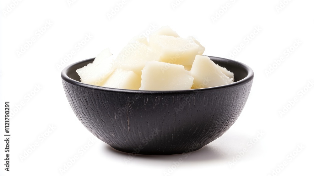Young coconut meat cubes served in a black bowl on a white background showcasing a healthy tropical ingredient for culinary dishes Young coconut meat cubes served in a black bowl on a white background showcasing a healthy tropical ingredient for culinary dishes
