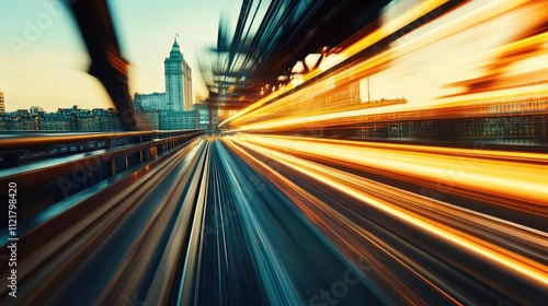 Dynamic cityscape bridge at sunset with motion blur vibrant colors and soft focus evoking speed and energy in urban architecture