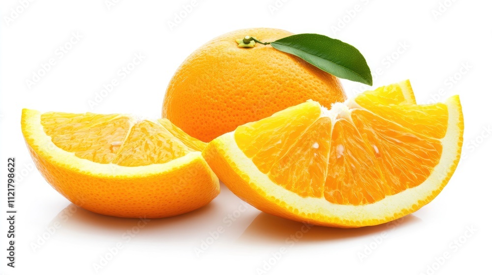 Fototapeta premium Freshly sliced oranges with green leaf on white background showcasing vibrant color and juicy texture in a fruit collection concept.