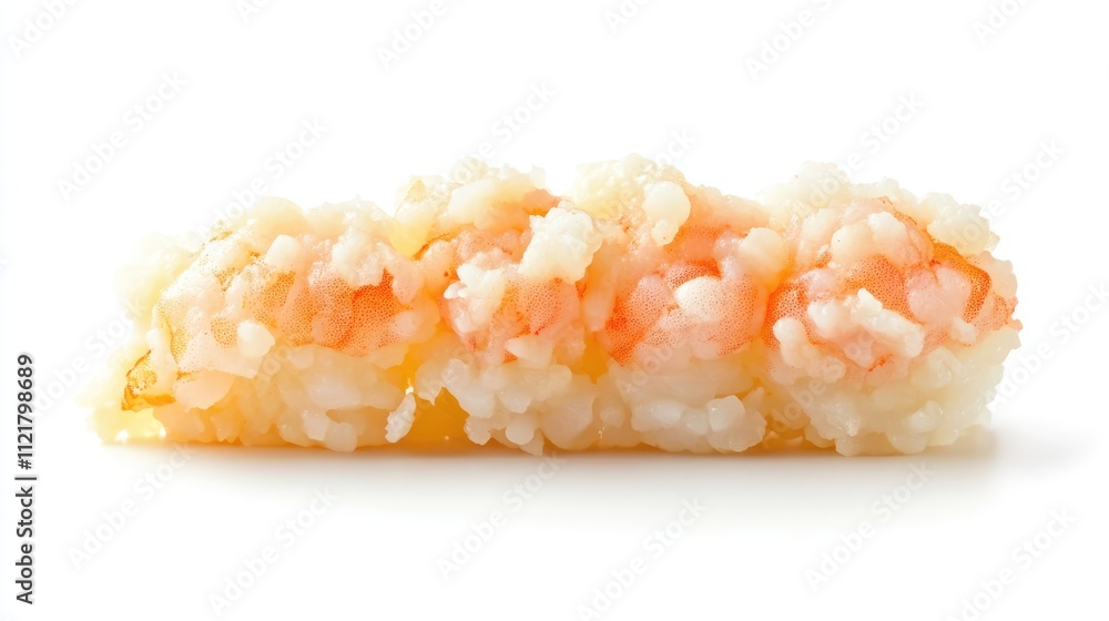 Shrimp tempura sushi roll on a clean white background showcasing a delicious culinary presentation Shrimp tempura sushi roll on a clean white background showcasing a delicious culinary presentation