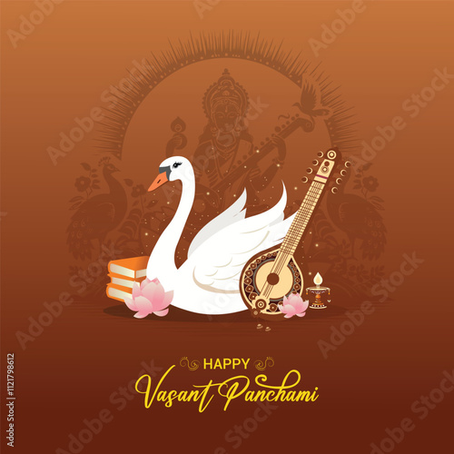 Happy Vasant Panchami Post and Greeting Card Design. Maa Saraswati Pooja and Vasant Panchami Wishes Illustration