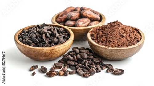 Dark chocolate cocoa beans and powder in wooden bowls on a white background ideal for dessert recipes and culinary presentations