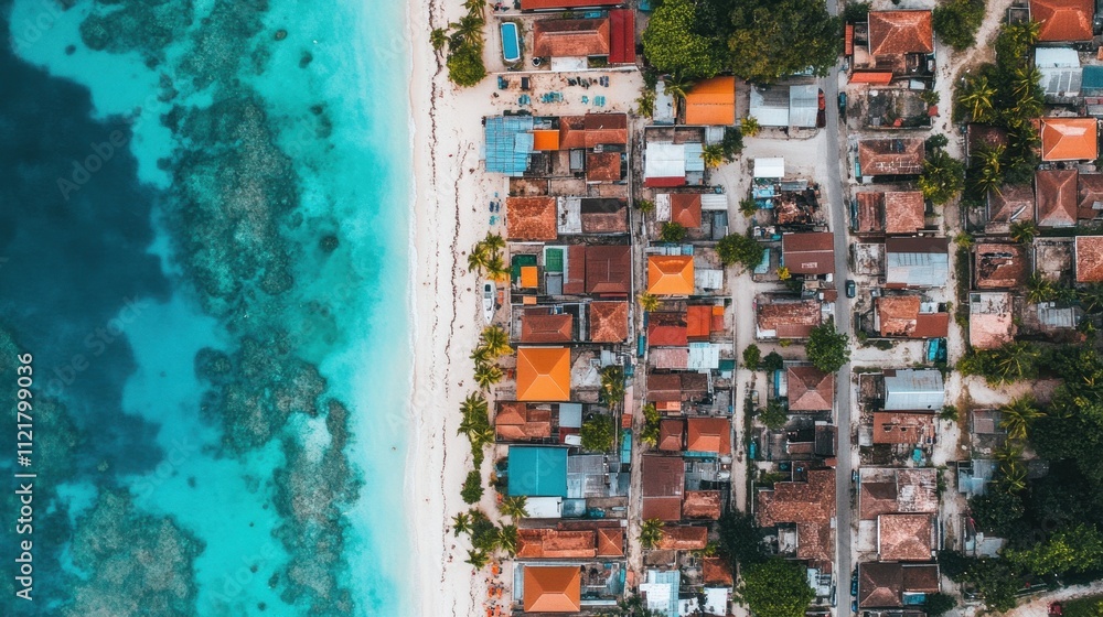 Fototapeta premium Vibrant Coastal Village Nestled by Turquoise Waters