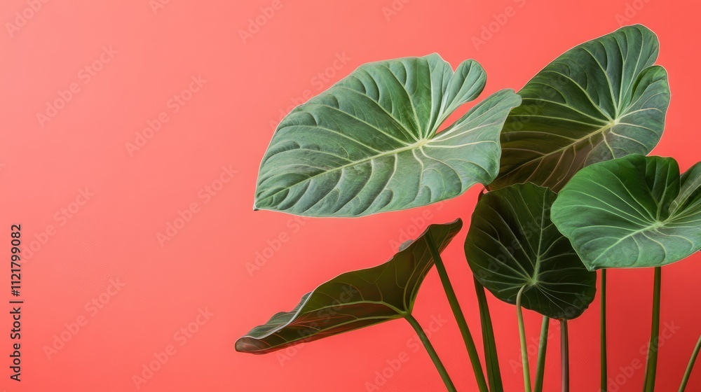 Obraz premium Close up of vibrant elephant ear plant leaves against a salmon background showcasing intricate textures and rich green colors.