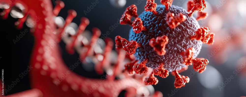 A detailed close-up of a coronavirus particle, showcasing its spiky surface and genetic material, symbolizing viral structures and infectious disease. A detailed close-up of a coronavirus particle, showcasing its spiky surface and genetic material, symbolizing viral structures and infectious disease.